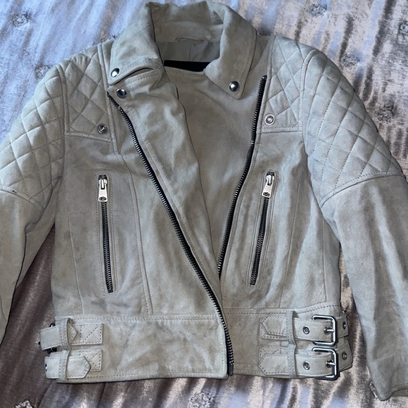 ALLSAINTS Suede Beattie Biker Jacket - Size US 0 - Color: gray/beige - Picture 5 of 12